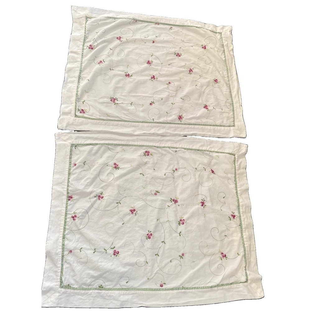 2 White Standard Shams Pillow Case Carnation Floral Embroidered Cottage Core